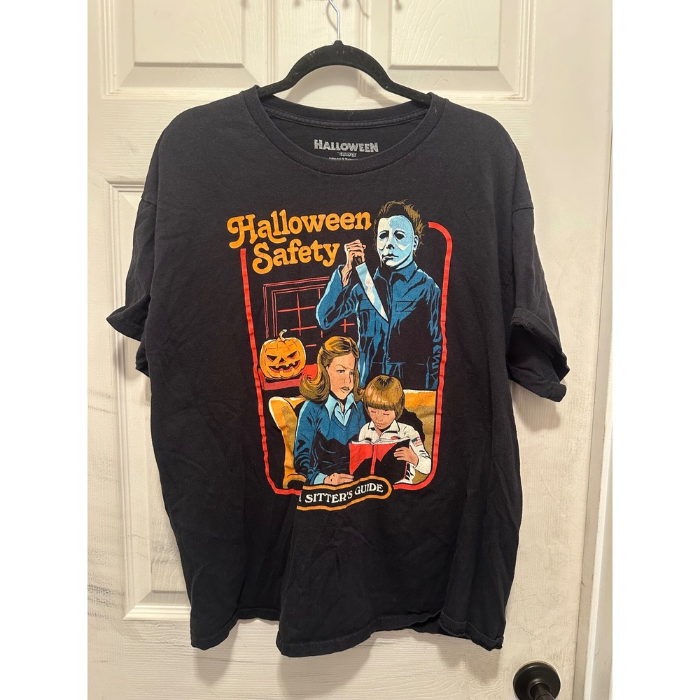 Creepy Co Halloween Safety Michael Myers Horror Movie Graphic T-Shirt Black XL